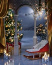 Christmas background, decorated Christmas tree, snow sledge, present boxes, winter backdrop, Christmas background