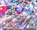 Christmas background, Christmas decorated fir tree, gifts, candles, gifts. Festive bokeh. Christmas bokeh. Gold glitter Royalty Free Stock Photo