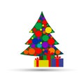 Christmas background with decorated tree and gift boxes. Colorful flat presents for holiday. Modern design. Christmas