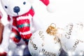 Christmas background, decoration. Christmas balls on a wooden table. Soft focus. Sparkles and bubbles. Abstract background. Royalty Free Stock Photo