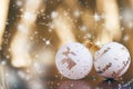 Christmas background, decoration and spruce branches. Christmas balls on a white background. Soft focus. Sparkles and bubbles. Abs Royalty Free Stock Photo