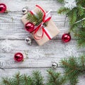 Christmas background with decorations and gift boxes on white wooden board Royalty Free Stock Photo