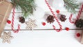 Christmas background with decorations, gift boxes on a white wooden table. Christmas background. Flat lay. top view with copy Royalty Free Stock Photo