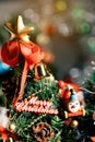 Christmas background with decorations and gift boxes on wooden Royalty Free Stock Photo