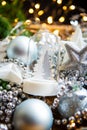 Christmas background with decorations and gift boxes on wooden board Royalty Free Stock Photo