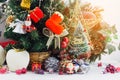 Christmas background with decorations and gift boxes on wooden Royalty Free Stock Photo