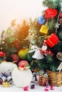 Christmas background with decorations and gift boxes on wooden Royalty Free Stock Photo