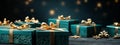 Christmas background with decorations and gifts. Green boxes with presents Royalty Free Stock Photo