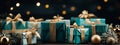 Christmas background with decorations and gifts. Green boxes with presents Royalty Free Stock Photo