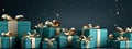 Christmas background with decorations and gifts. Green boxes with presents