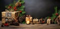 Christmas background with decorations, gifts, pine cÃÂ´nes, tree branches on wooden surface. Merry Xmas wishes. Happy New Year. Royalty Free Stock Photo