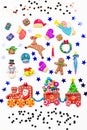 Christmas background with decorations. Santa, Christmas train with tree and sweets, snowman, reindeer and gifts Royalty Free Stock Photo