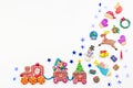 Christmas background with decorations. Santa, Christmas train with tree and sweets, snowman, reindeer and gifts Royalty Free Stock Photo