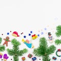 Christmas background with decorations. Santa, Christmas train with tree and sweets, snowman, reindeer and gifts