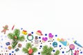 Christmas background with decorations. Santa, Christmas train with tree and sweets, snowman, reindeer and gifts on white Royalty Free Stock Photo