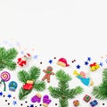 Christmas background with decorations. Santa, Christmas train with tree and sweets, snowman, reindeer and gifts on white Royalty Free Stock Photo