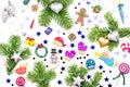 Christmas background with decorations. Santa, Christmas train with tree and sweets, snowman, reindeer and gifts on white Royalty Free Stock Photo