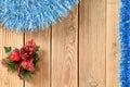 Christmas background with decorations on wooden board with copy space for text. New year theme for postcards. Wooden background