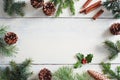 Christmas background with Christmas decorations on wooden white