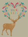 Christmas background with deer and floral holiday wreath