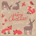 Christmas background with deer and foxes