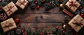 The Christmas background depicts a parcel, scrolls, spruce branches, and tools, on a shabby wooden table. This is the