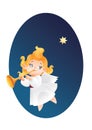 Kid angel musician flying on a night sky, making fanfare call