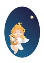 Kid angel musician harpist flying on a night sky making music on Royalty Free Stock Photo