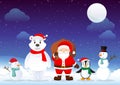 Christmas Background Design Vector. Santa Claus, Penguin, Polar Bear, Snowman Cartoon Characters Royalty Free Stock Photo