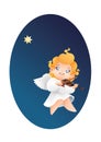 Smilyng flying on a night sky kid angel musician violinist play