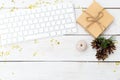 Christmas background. Desktop with keyboard and Christmas decorations Royalty Free Stock Photo