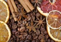 Christmas background. dried grapefruits, oranges and lime, stars anise, cinnamon, and roasted coffee beans. roasted coffee, dried Royalty Free Stock Photo