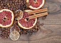 Christmas background. dried grapefruits, oranges and lime, stars anise, cinnamon, and roasted coffee beans. roasted coffee, dried Royalty Free Stock Photo