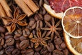 Christmas background. dried grapefruits, oranges, stars anise, cinnamon, and roasted coffee beans. roasted coffee, dried fruits an Royalty Free Stock Photo