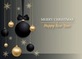 Christmas background elegant decorated golden and black Christmas balls with bow, snowflakes. New Year and Xmas design for Royalty Free Stock Photo