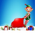 Christmas background with elf pulling a bag full of gifts Royalty Free Stock Photo
