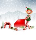 Christmas background with elf pulling a bag full of gifts Royalty Free Stock Photo