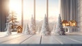 Christmas background with empty dark wooden deck table , blurred light bokeh. Empty display for product montage Royalty Free Stock Photo