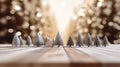 Christmas background with empty dark wooden deck table , blurred light bokeh. Empty display for product montage Royalty Free Stock Photo