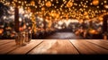 Christmas background with empty dark wooden deck table , blurred light bokeh. Empty display for product montage Royalty Free Stock Photo