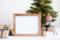 Christmas background empty wooden picture frame mock up and decoration Royalty Free Stock Photo