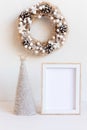 Christmas background empty wooden picture frame mock up and decoration Royalty Free Stock Photo