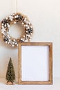 Christmas background empty wooden picture frame mock up and decoration Royalty Free Stock Photo