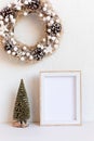 Christmas background empty wooden picture frame mock up and decoration Royalty Free Stock Photo