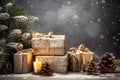 Christmas background with falling snow effect. Gift boxes with ribbon bow, candles and pine branches Royalty Free Stock Photo