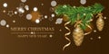 Christmas background with fir branches, baubles cones and golden ribbons. New year decoration. Brown Xmas banner or poster. Vector Royalty Free Stock Photo