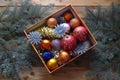 Christmas background with fir branches, colorful Christmas decorations, toys. Royalty Free Stock Photo