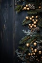 Christmas background with fir branches, cones and golden balls on black wooden background. Royalty Free Stock Photo