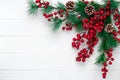 Christmas background with fir branches, cones and red holly berries. New year festive wreath of pine branches. Template, copy Royalty Free Stock Photo