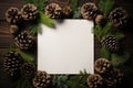 AI generated. Christmas background with green fir branches on wooden table background with empty blank for text